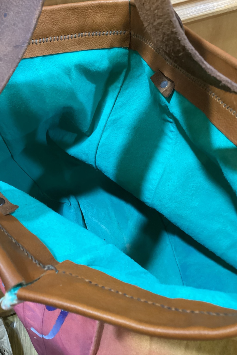 Hand painted canvas and leather Tote