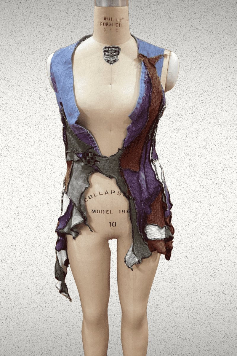 One of a Kind Denim mix sweater vest with vintage button. - Steel Pony