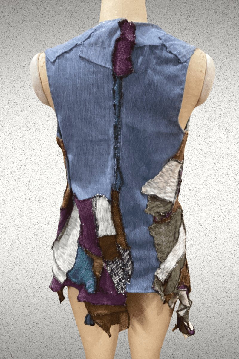 One of a Kind Denim mix sweater vest with vintage button. - Steel Pony