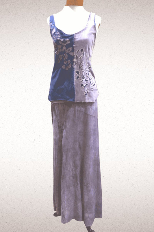 One of a Kind Hand dyed, Hand sewn , Hand embroidered Tank and skirt set - Steel Pony