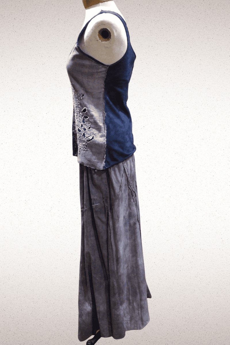 One of a Kind Hand dyed, Hand sewn , Hand embroidered Tank and skirt set - Steel Pony
