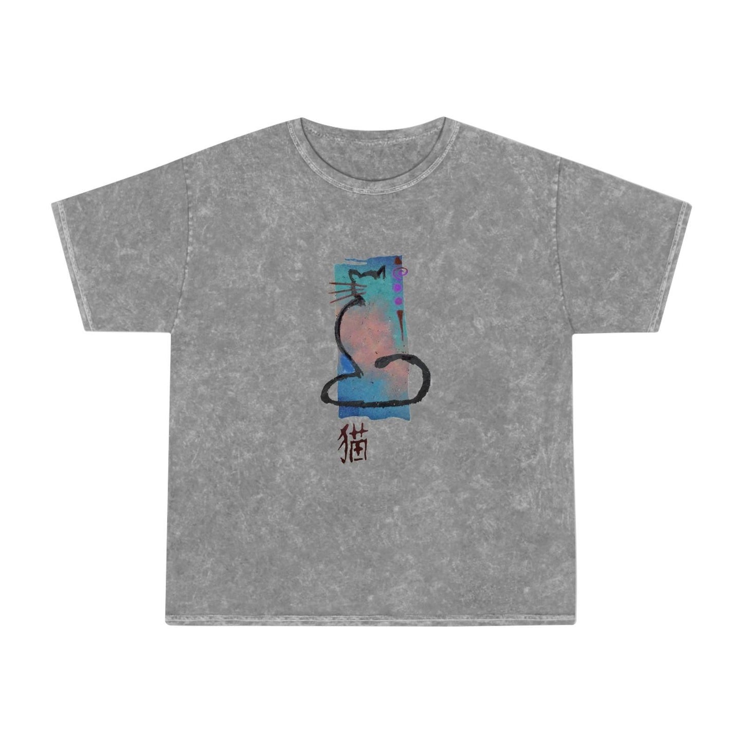 Unisex Mineral Wash T - Shirt Cat Print - Steel Pony