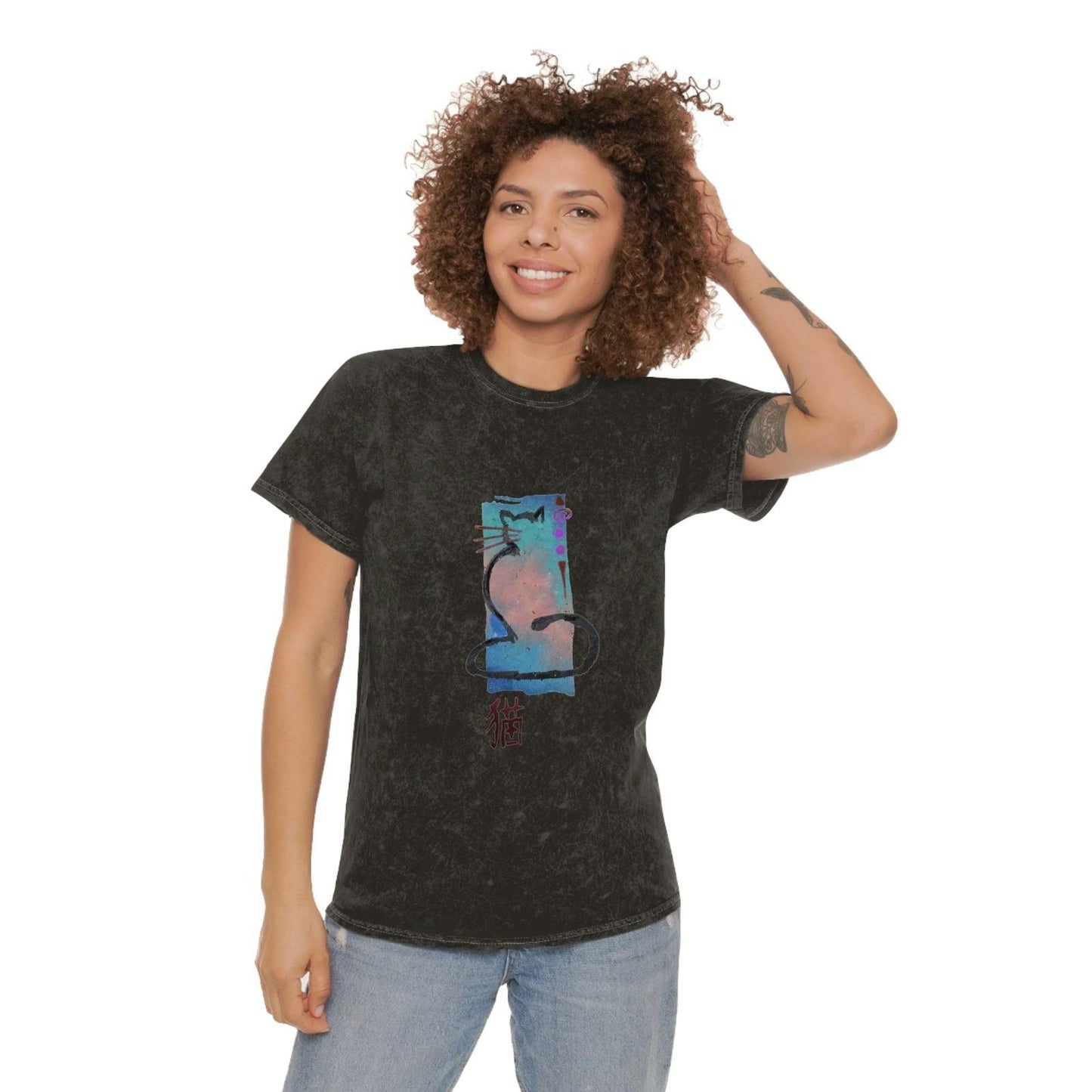 Unisex Mineral Wash T - Shirt Cat Print - Steel Pony