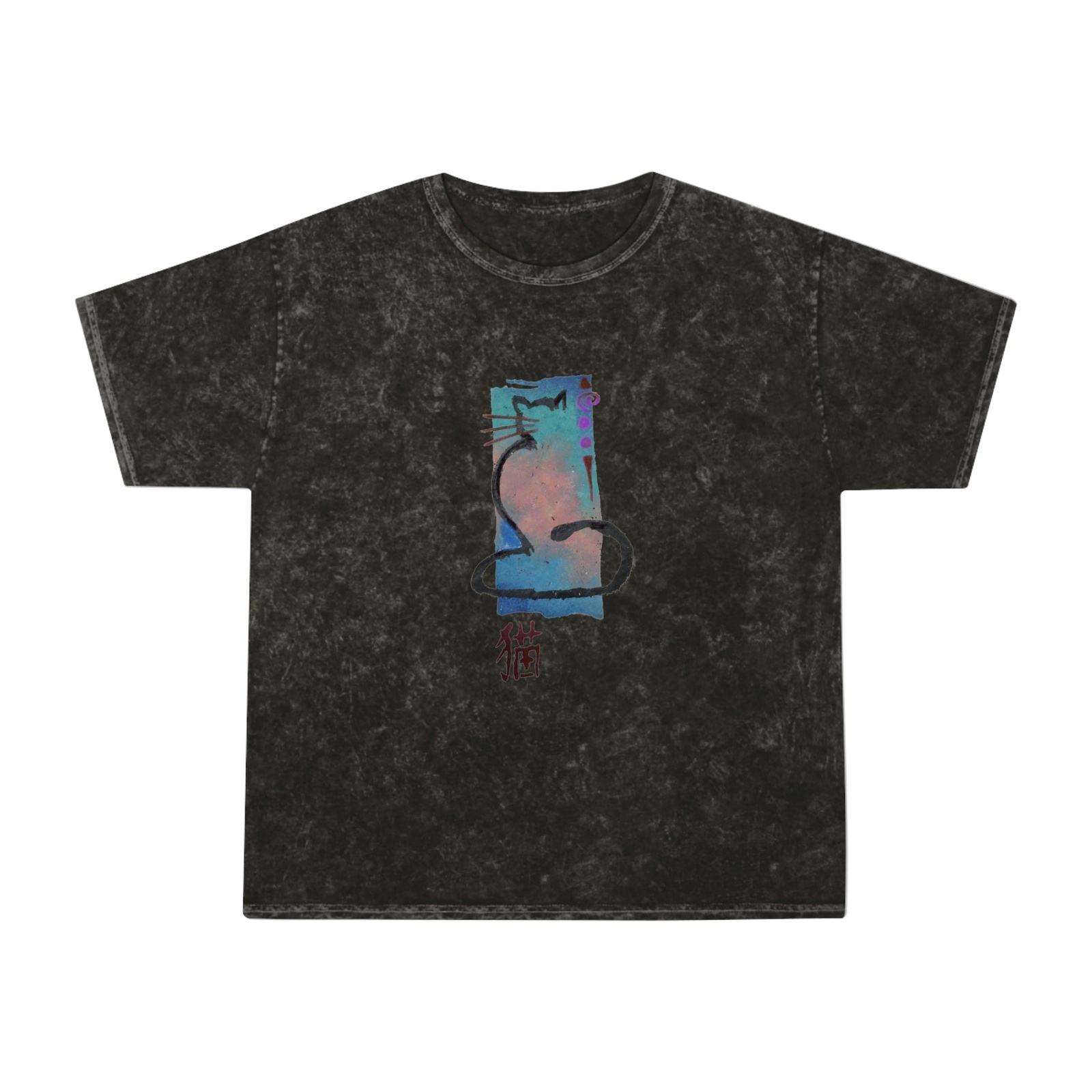 Unisex Mineral Wash T - Shirt Cat Print - Steel Pony
