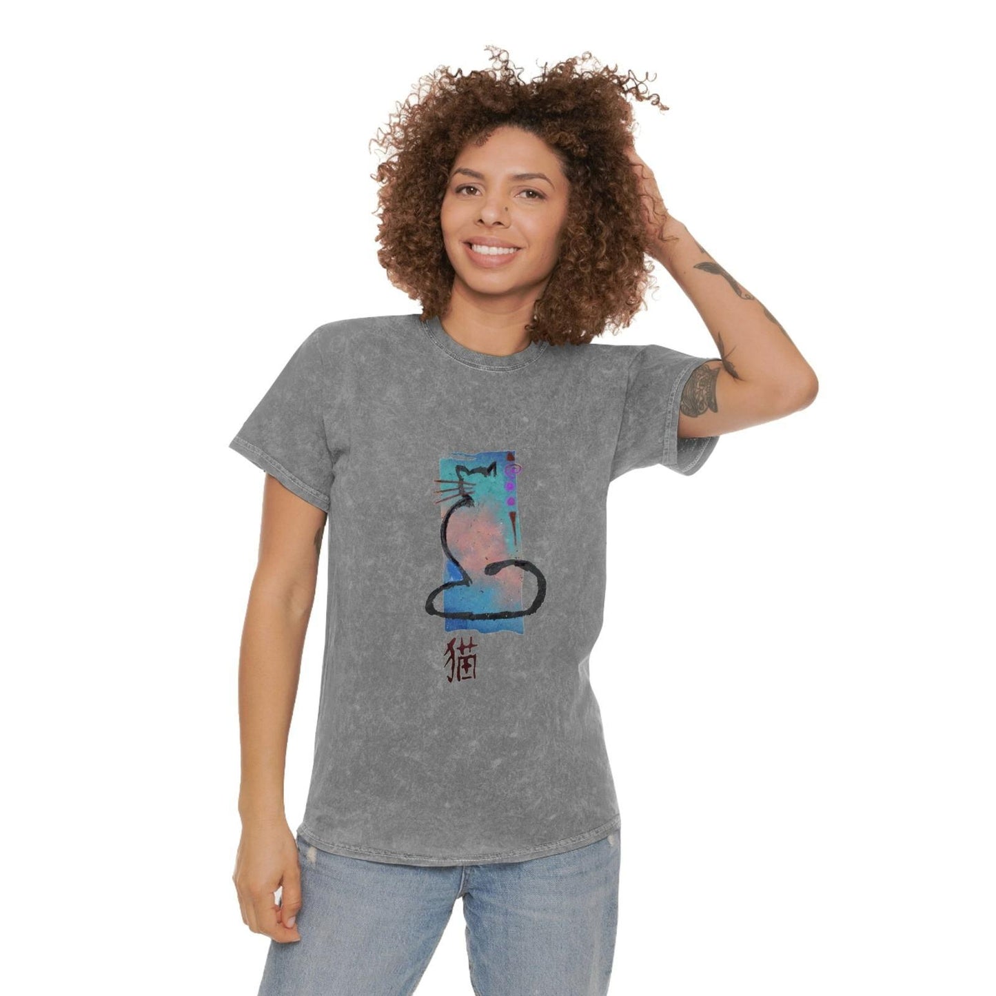 Unisex Mineral Wash T - Shirt Cat Print - Steel Pony