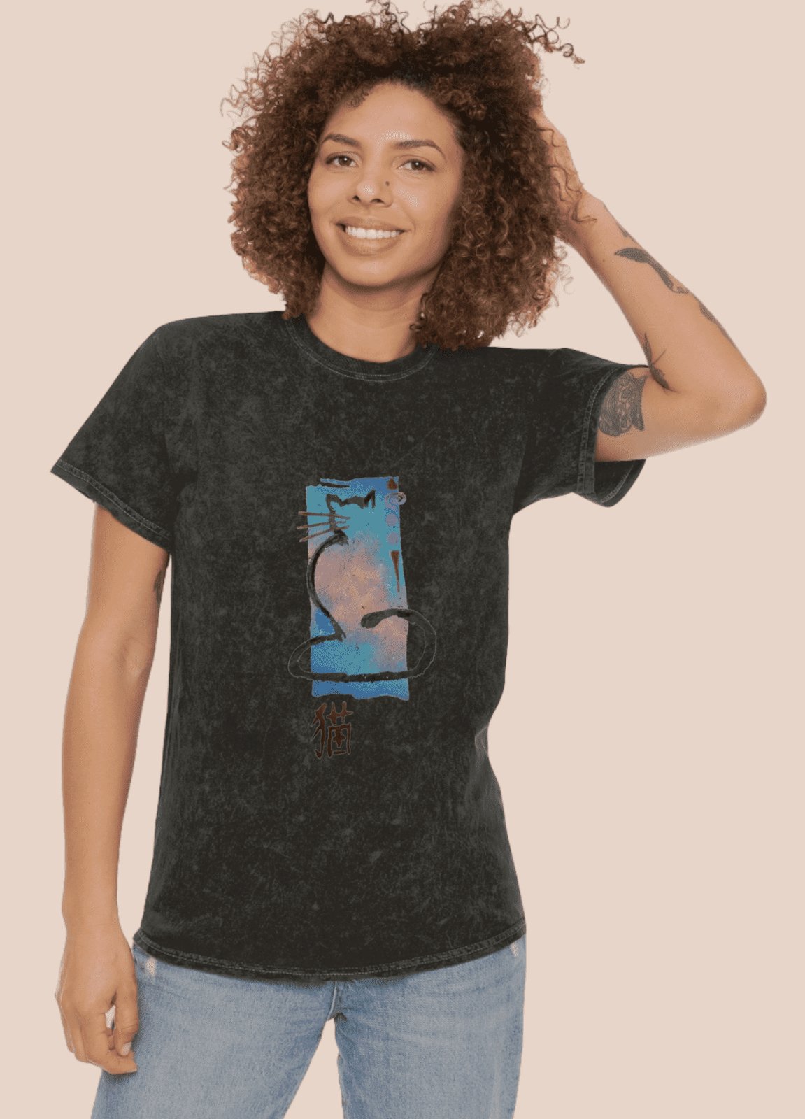 Unisex Mineral Wash T - Shirt Cat Print - Steel Pony