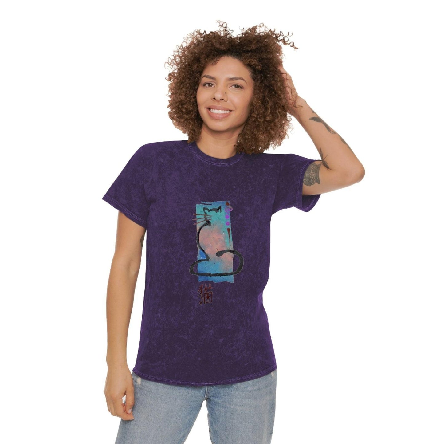 Unisex Mineral Wash T - Shirt Cat Print - Steel Pony