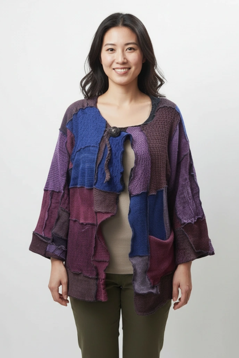 One-of-a-Kind Patchwork Sweater Jacket — Plum & Indigo Dream (Handmade, Artisanal, Boho Knitwear)