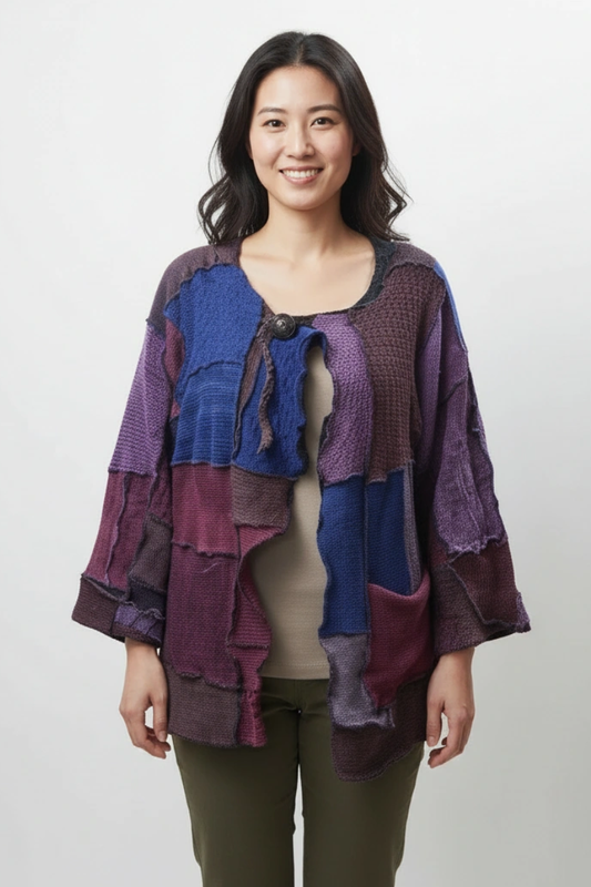 One-of-a-Kind Patchwork Sweater Jacket — Plum & Indigo Dream (Handmade, Artisanal, Boho Knitwear)