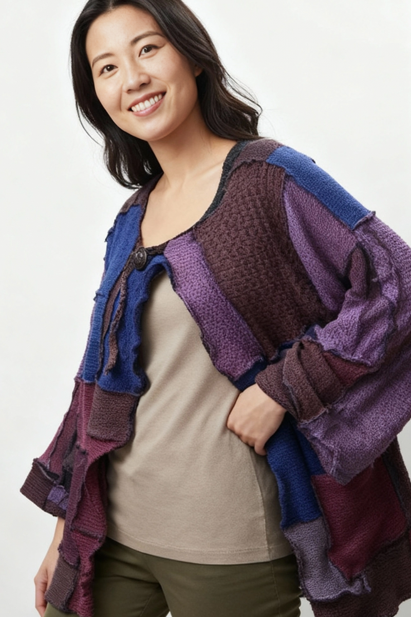 One-of-a-Kind Patchwork Sweater Jacket — Plum & Indigo Dream (Handmade, Artisanal, Boho Knitwear)