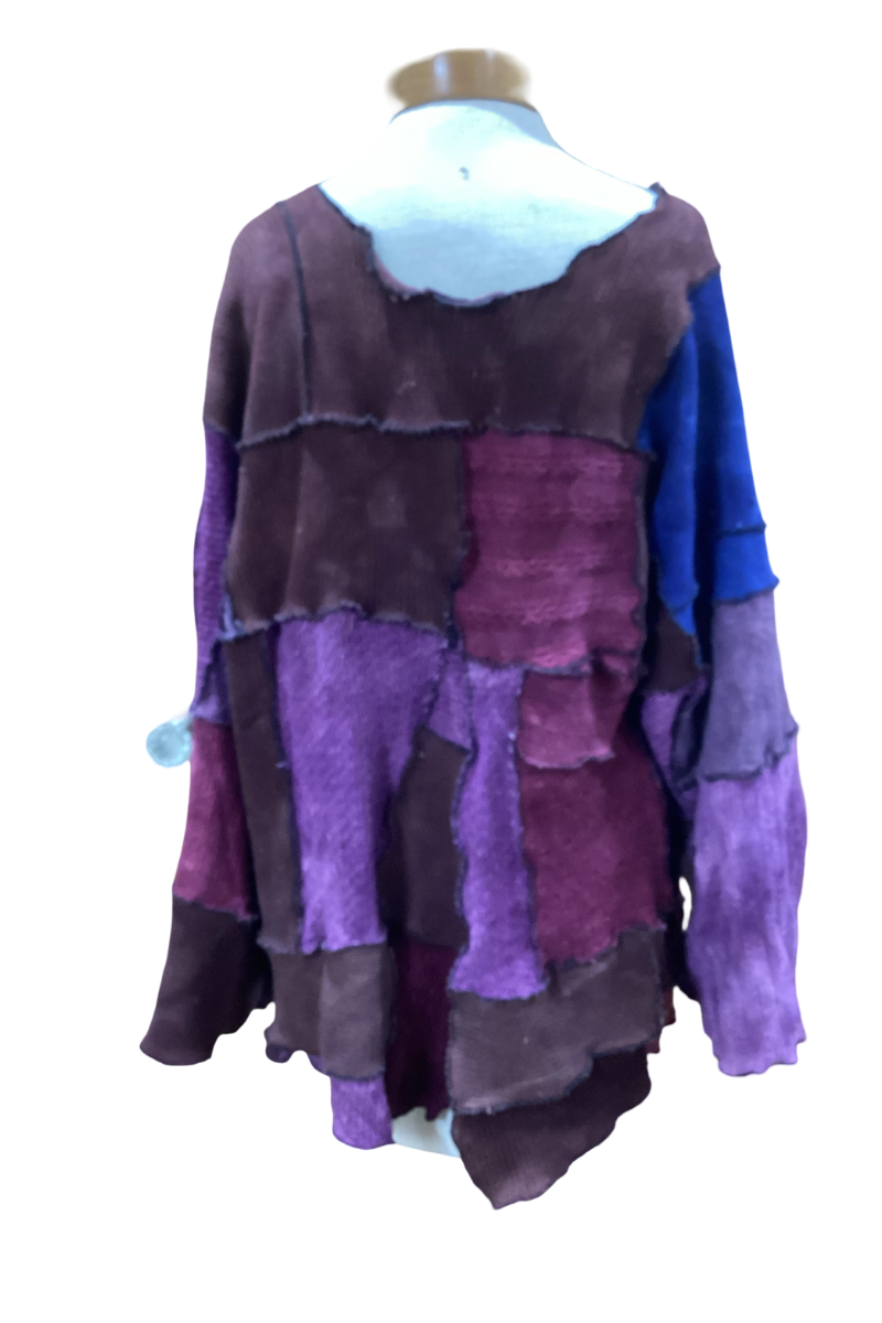 One-of-a-Kind Patchwork Sweater Jacket — Plum & Indigo Dream (Handmade, Artisanal, Boho Knitwear)