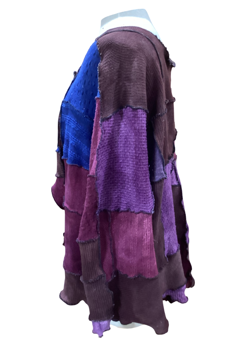 One-of-a-Kind Patchwork Sweater Jacket — Plum & Indigo Dream (Handmade, Artisanal, Boho Knitwear)