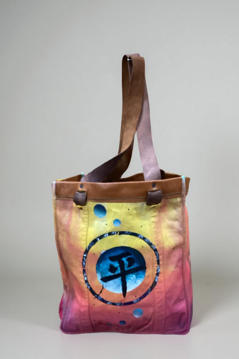 Hand painted canvas and leather Tote