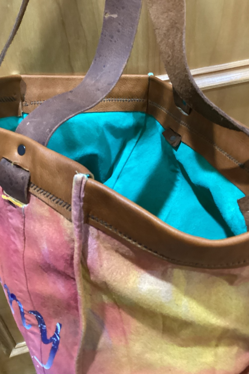 Hand painted canvas and leather Tote