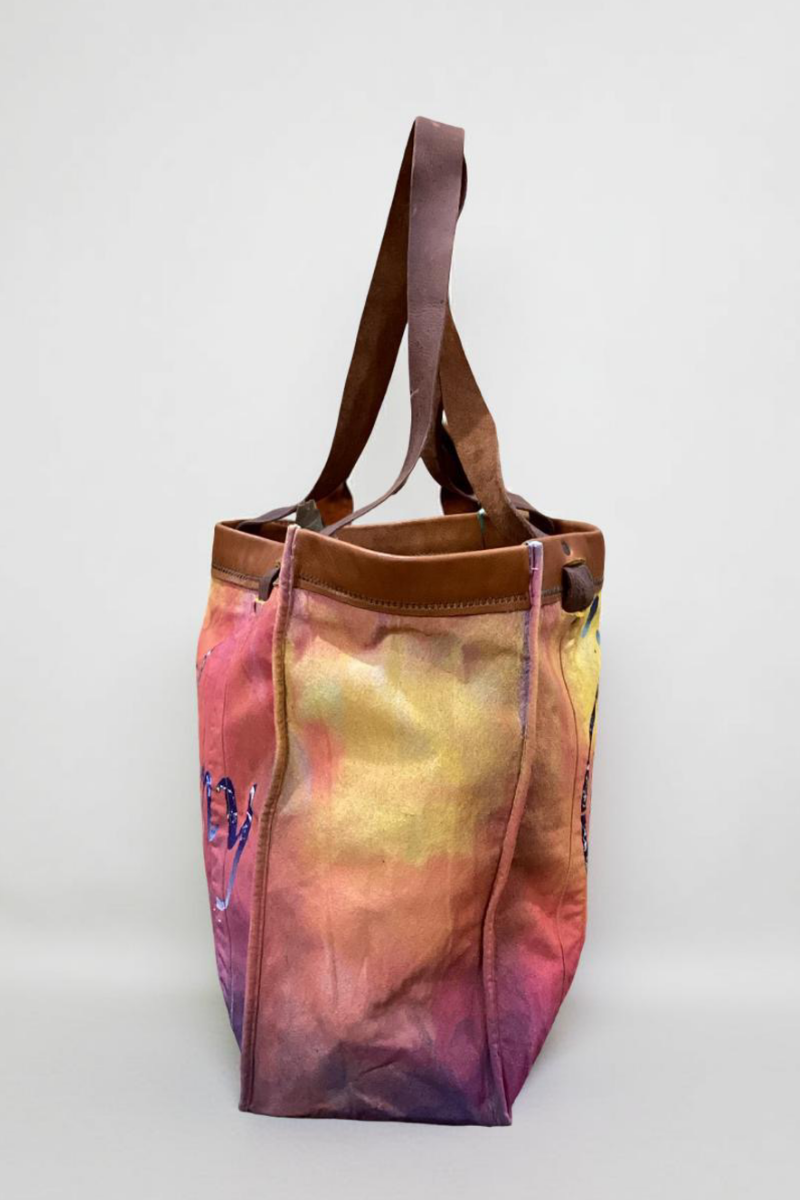 Hand painted canvas and leather Tote