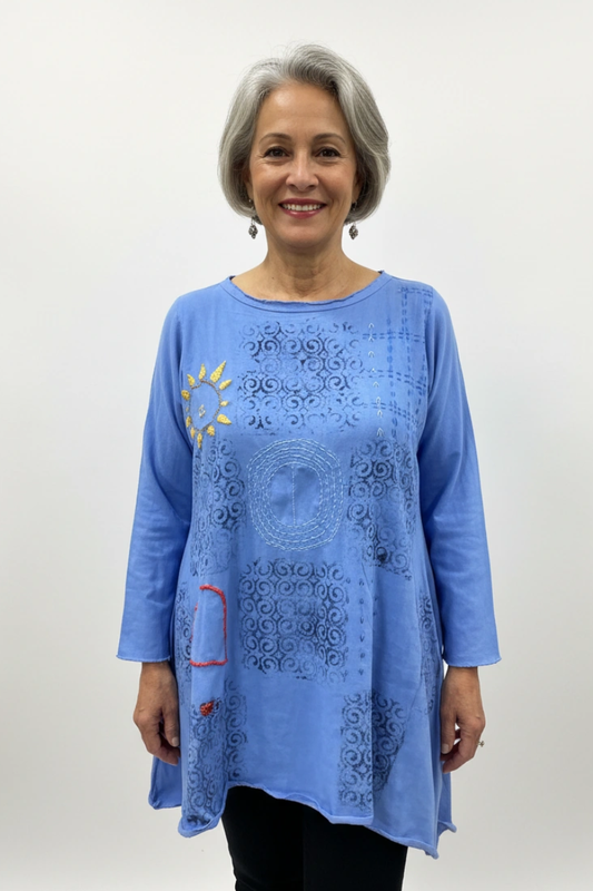 Hand-Painted & Hand-Embroidered Cotton Tunic — Size Medium
