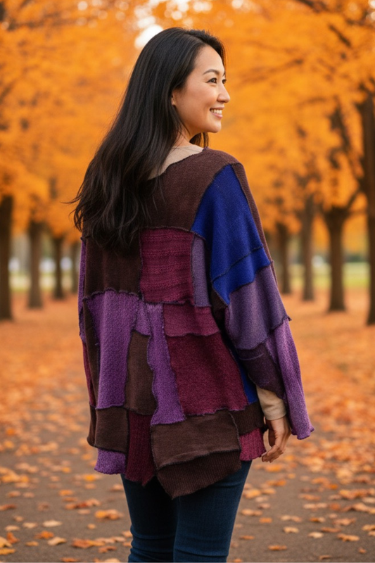 One-of-a-Kind Patchwork Sweater Jacket — Plum & Indigo Dream (Handmade, Artisanal, Boho Knitwear)