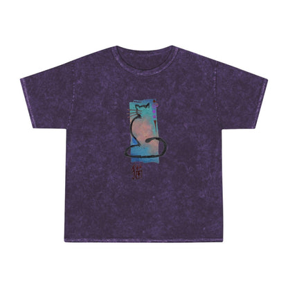 Unisex Mineral Wash T - Shirt Cat Print - Steel Pony